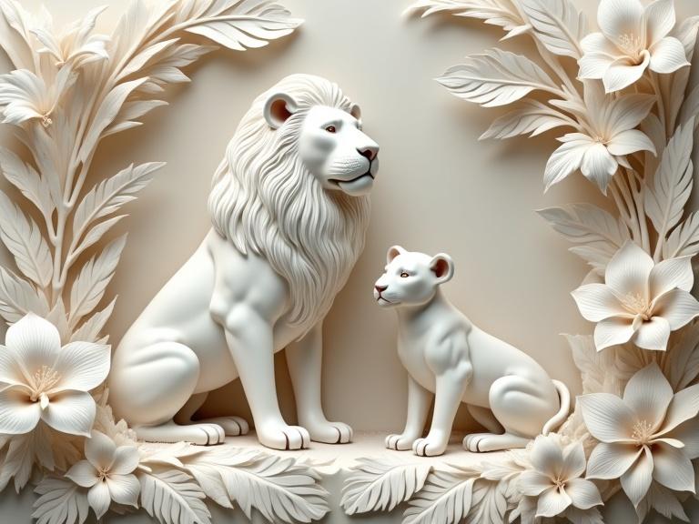 Sculpture of a white lion family in tropical foliage. Monochromatic light beige-white style. Family centered among detailed foliage and flowers. Regal lion, nurturing lioness, playful cub. Richly textured leaves, including monsteras. Realistic lion anatomy. Intricate orchid and hibiscus flowers. Symmetrical and balanced composition. Soft light creates tranquil mood. High contrast between smooth sculptures and foliage. Tropical Paradise theme.