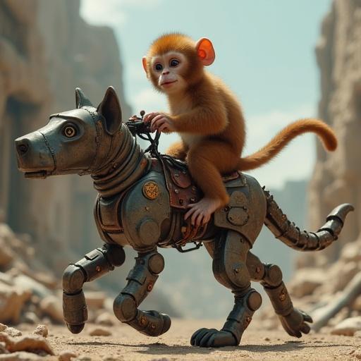 Monkey riding a robotic dog in a junkyard scene. Monkey holds a pellet pistol. Robotic dog looks sturdy and mechanical. Background has rubble and debris.