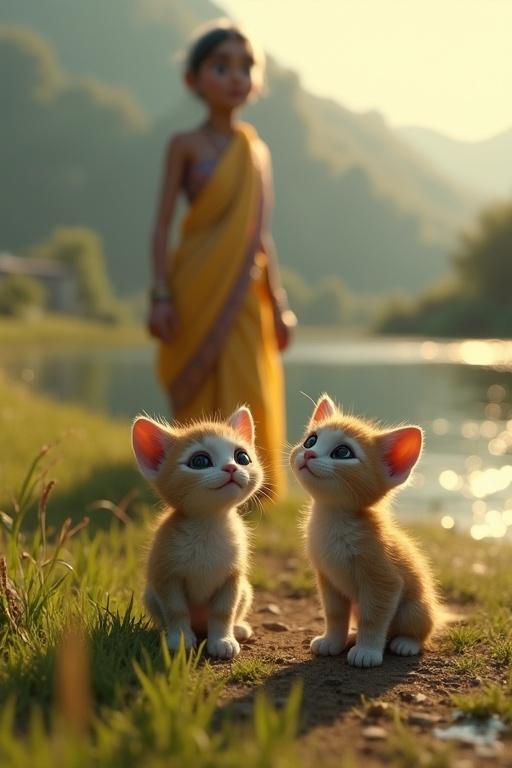 Two small abandoned kittens stand on the riverbank. They shiver in the cool morning air. Their tearful eyes show hunger and fear. The background features a glowing figure in a saree. The river sparkles nearby. The grass is lush and green. A distant village is visible.