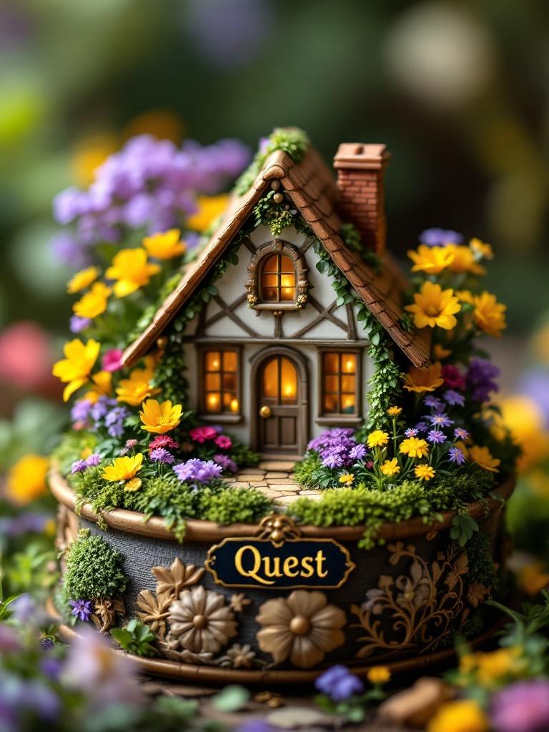 Detailed image of a charming music box with a house surrounded by colorful flowers. House features intricate architectural elements like a sloped roof and small windows. Lush garden includes vibrant purple and yellow blooms. Elegant sign in front reads Quest. Overall composition feels magical and enchanting.