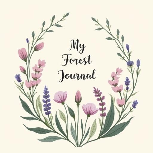 Elegant Zen style cover featuring a delicate English leaf motif with hand-drawn leaves and botanical elements. Harmonious and balanced composition using soft pastel colors: sage green, light beige, soft lavender, and light gray. Minimalist centered title in a calligraphic serif font: 'My Forest Journal'. Small serif subtext: 'A daily space for mindfulness and presence'. Add a delicate watercolored texture in the background. Design suitable for a notebook measuring 9 x 12.53 cm. Keep clean margins and add a light shadow or soft border along the edges.