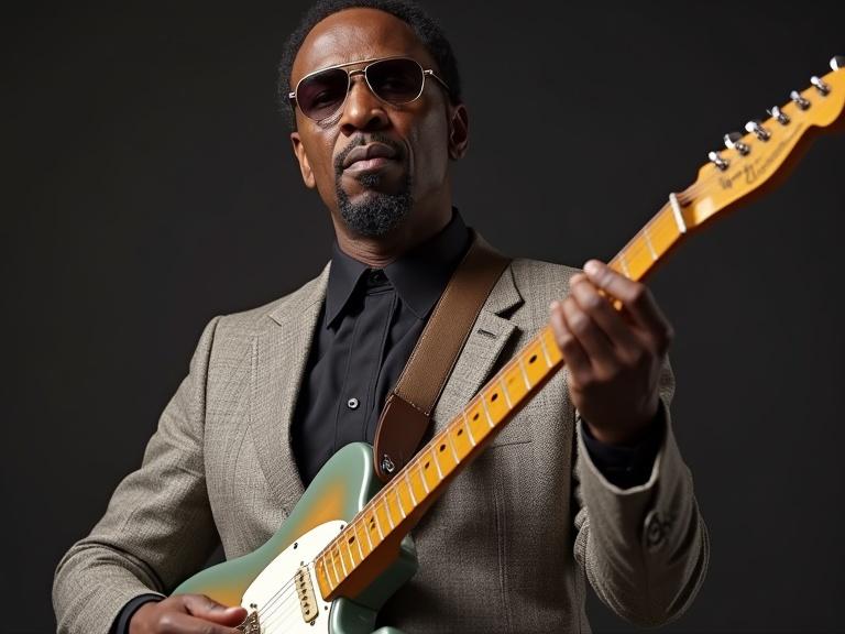 A musician wearing sunglasses playing a green guitar in a stylish outfit against a dark background.