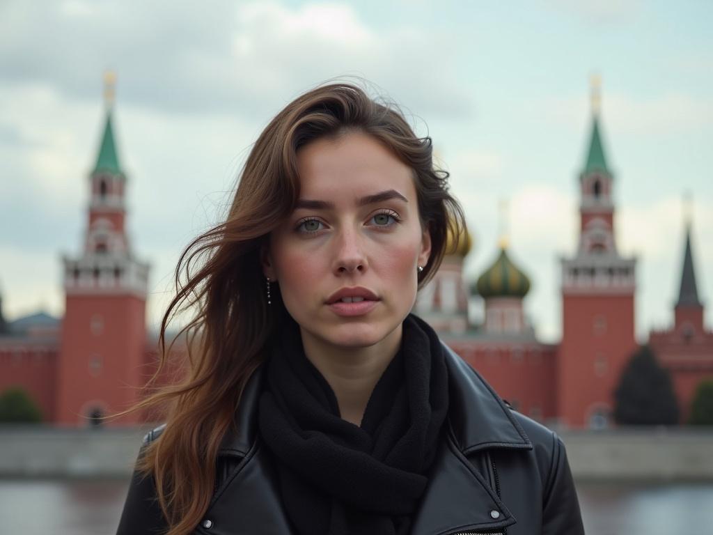 Photorealistic portrait of a woman with the Moscow Kremlin in the background. The woman stands approximately 20 meters away from the camera.