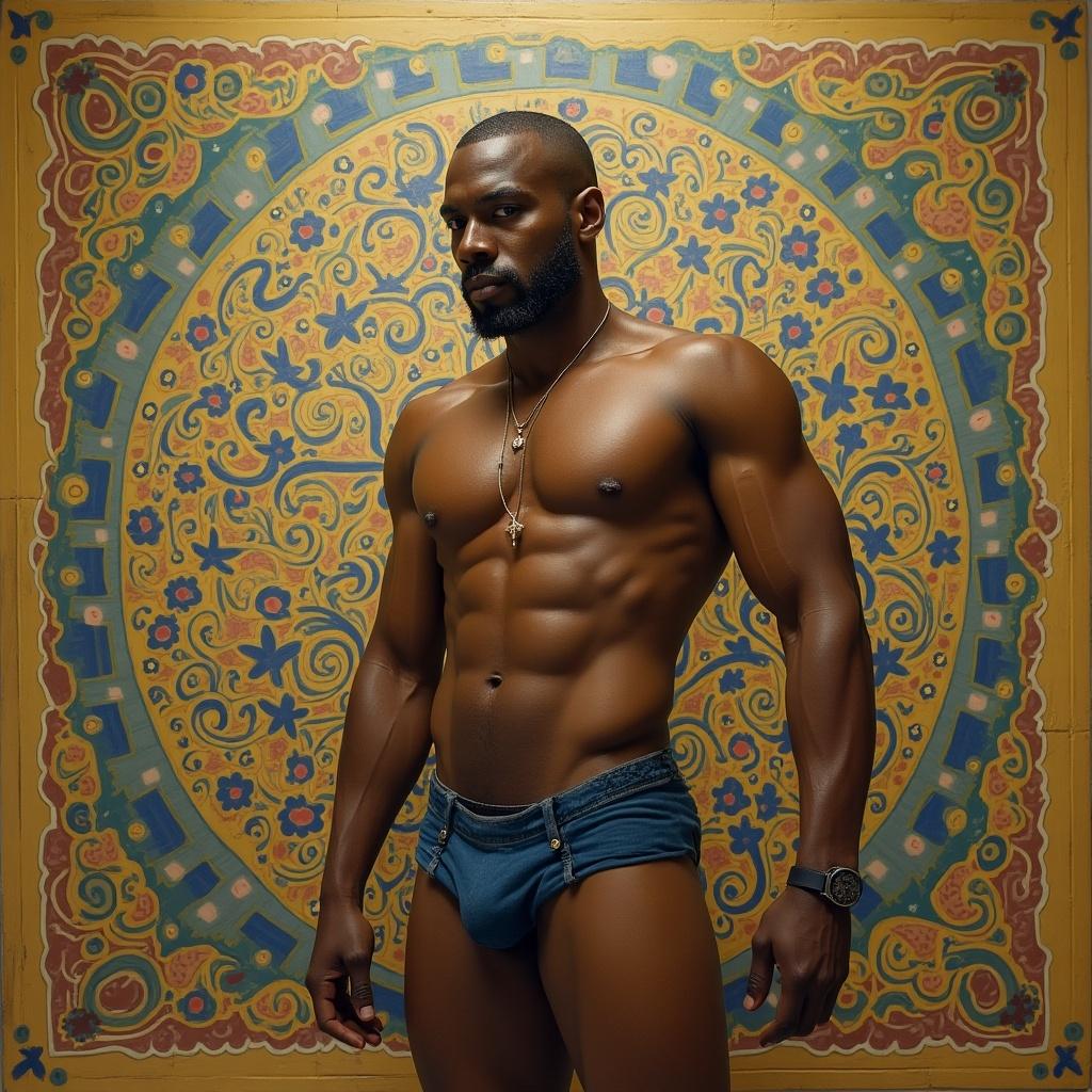 A muscular male figure in blue swimwear stands against a decorative golden background. The figure showcases defined abs and a confident pose.