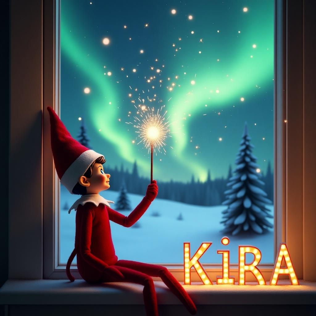 An elf sits by a window gazing outside. The elf wields a wand to create magical sparkles. The name Kira is elegantly displayed. Outside is a snowy landscape with Northern Lights. Warm light casts over the elf. Pine trees are in the distance.