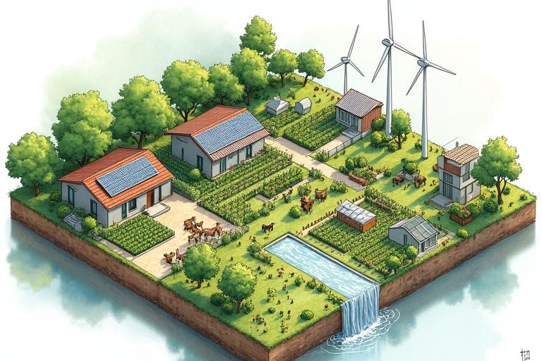 Isometric illustration showcases a sustainable city integrated with nature. Features vertical farms, wind turbines and solar panels. Displays a circular food system with livestock and greenhouses. Includes natural water filtration systems and various housing styles. Watercolor style renders the vibrant scene, focusing on sustainability.