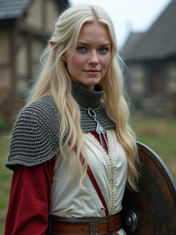 Portrait of a young woman in a medieval setting. She has long blonde hair and pale skin with freckles. Wearing a chainmail coat and red-lined vest. Holds a mace and shield, standing in a village.