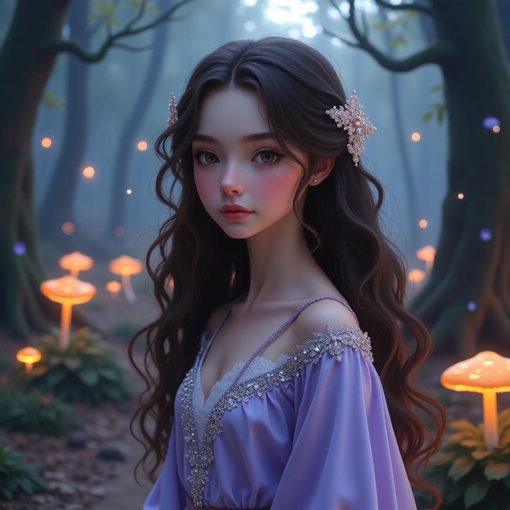 A girl with long wavy dark brown hair and almond-shaped hazel eyes. She wears a silver and lavender robe with tiny gemstones. The scene is a mystical forest at twilight with glowing mushrooms and floating lights.