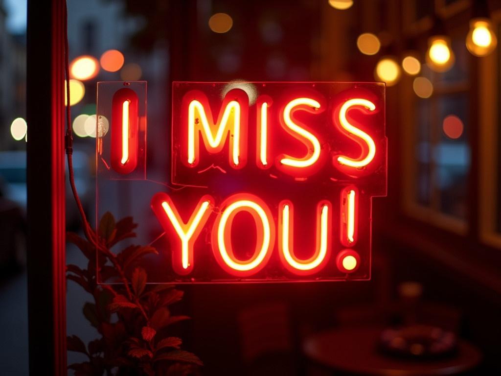 This image captures a glowing neon sign that boldly declares 'I MISS YOU!' in bright red letters. The sign is situated outdoors, possibly outside a café or shop, illuminated against a dim evening backdrop. The soft bokeh of city lights can be seen in the background, enhancing the warmth and emotional sentiment of the message. The sign's message invokes feelings of nostalgia and longing, making it a powerful visual piece. It's a perfect representation of love and connection, even in physical absence.