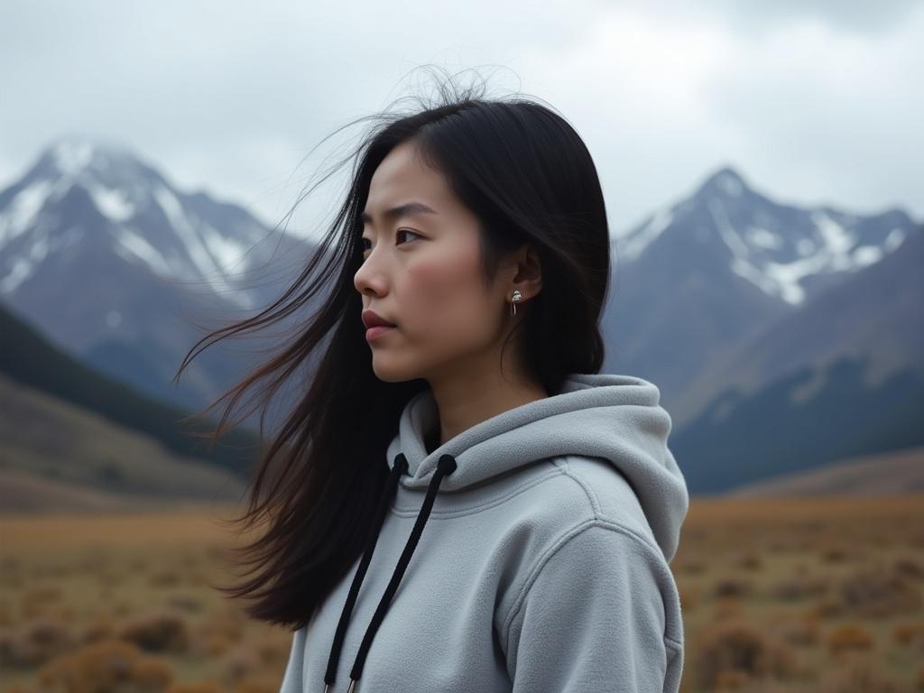 The image features a young woman of Asian descent with long dark hair blowing in the wind, set against a dramatic landscape of mountains and open grassland. She wears a light gray fleece sweater with a black drawstring, standing facing to her left in profile. The background consists of snow-capped mountains under a cloudy sky, creating a moody atmosphere with soft, diffused lighting.