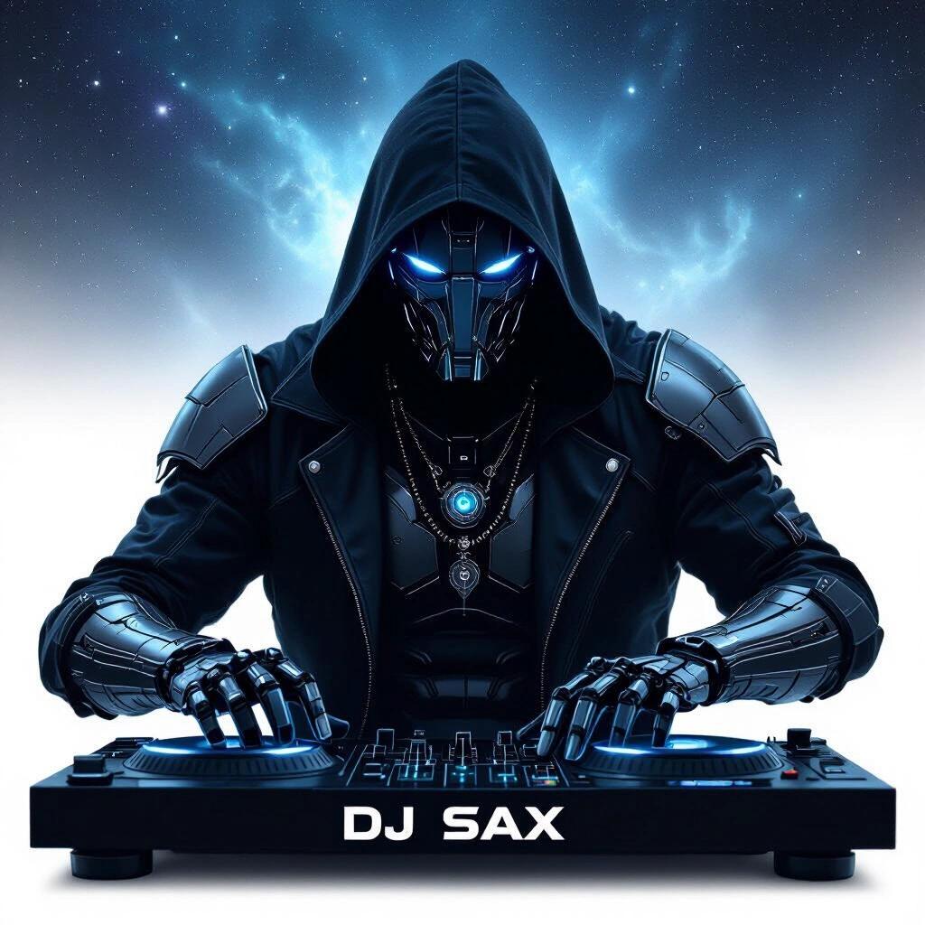 Cyborg wizard DJ in a hooded cloak. Close up on the DJ with robotic features. Surrounding cosmic nebula sky. Turntables display the name DJ SAX. Artwork for an album cover.