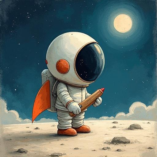 Kid dressed as astronaut on the moon holding a red crayon. Digital illustration in a fantasy style. Oversized helmet with bright colors. Pale grays and star sparkles in the background. Soft glow of moonlight.