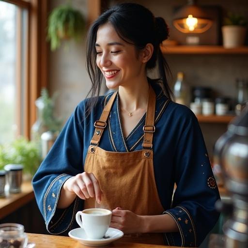 A retired witch prepares coffee in a sunlit café. She has soft black hair tied loosely and wears a deep blue robe with golden embroidery. A leather belt holds magical trinkets. Enchanted light flickers at her fingertips as she warms milk. The setting is magical with playful floating elements.