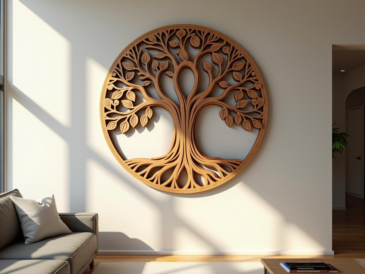 The image features a beautifully crafted wooden tree design, intricately cut with swirling branches and leaves. It is circular and exhibits a natural wood tone, contrasting with darker hues in some areas. This artwork hangs on the wall of a modern cozy living room, enhancing the warm ambiance. Sunlight streams in from large windows, casting gentle shadows and highlighting the texture of the wood. The room is tastefully decorated, creating an inviting space that draws attention to the artistic piece.