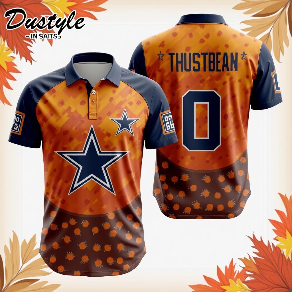 This image features a unique Thanksgiving-themed jersey for Dallas Cowboys fans. The design incorporates a vibrant orange color with a festive pattern suitable for the holiday. It showcases the iconic star emblem of the Cowboys prominently on the front. The back of the jersey has a customizable number section. It's perfect for fans to celebrate the holiday while showing their team spirit.