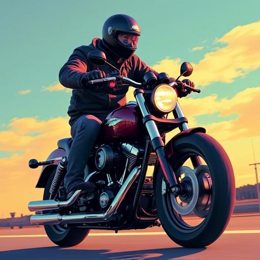 Two bikers ride a motorcycle with a sunset background. One biker wears a helmet and jacket. The scene evokes a feeling of adventure and freedom.