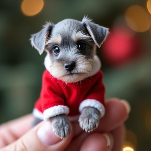 Tiny gray schnauzer puppy sits on fingertip. Dressed in red Miss Claus suit. Small body fits on one finger. Tender sweet demeanor. Big and happy smile. Cheerful and joyful appearance.