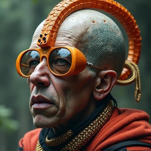 Character named Zog depicted as an eccentric Velarian scientist. Zog is introduced as a genius in bioengineering with a unique hairstyle and oversized glasses with a stylized design reminiscent of both a scientist and a fantastical creature.