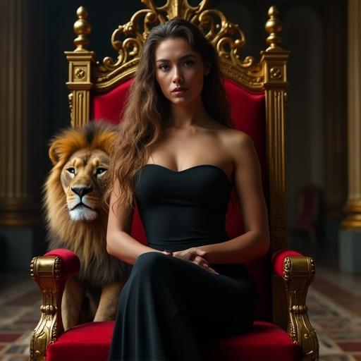 A stunning woman seated on an ornate crimson throne in a dark hall. She has long wavy hair and a commanding presence. She wears a sleek strapless black top. Beside her is a majestic lion. The lighting is dramatic and cinematic, emphasizing the opulence of the setting.