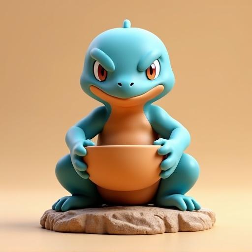 3D-rendered figure of an amphibious creature with blue and orange colors. Character holds a wooden bowl. Sitting on a stone base. The background is clean beige. Art style resembles clay or vinyl collectible figure. Smooth surfaces with subtle shading. Expression is serious and focused.