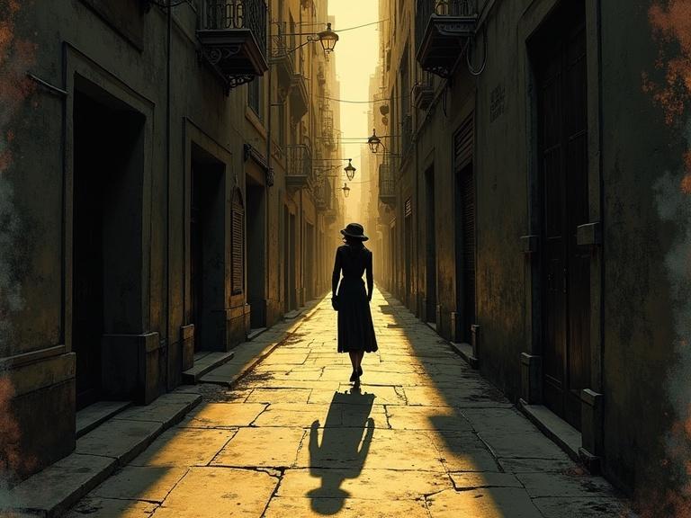 A woman walks in a 1920s city. She walks down a dark alleyway. Shadows stretch long. The atmosphere is vintage and eerie. The colors are vibrant and dark. The textures look cracked and distressed. The lighting is noir. The art reflects golden age illustrations.