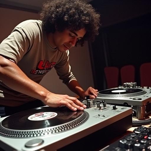DJ jax suarez performs at the 1992 ortofon world DJ mixing championships. Energized and passionate DJ operates two turntables. Fast-paced turntable tricks amaze the audience. The atmosphere is electric with creativity and sound. A slice of hip-hop culture captured in an intense moment.
