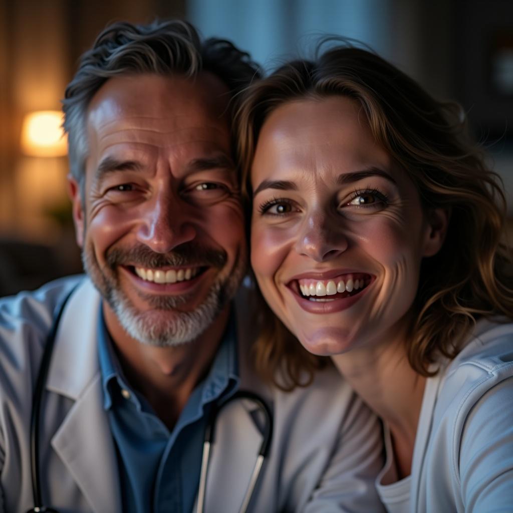 Two individuals are smiling and enjoying a movie together. One individual wears a stethoscope indicating a doctor. The other individual has brown hair and looks relaxed. The environment is cozy with warm lighting. It shows a light-hearted interaction.