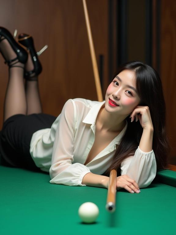 A young Asian woman reclines on a green pool table. She wears a white chiffon blouse and a black knee-length skirt. Her legs are clad in black pantyhose and closed-toe heels. One hand holds a pool cue while resting her head in the other. Long dark hair flows over her shoulder. The scene has soft ambient lighting.
