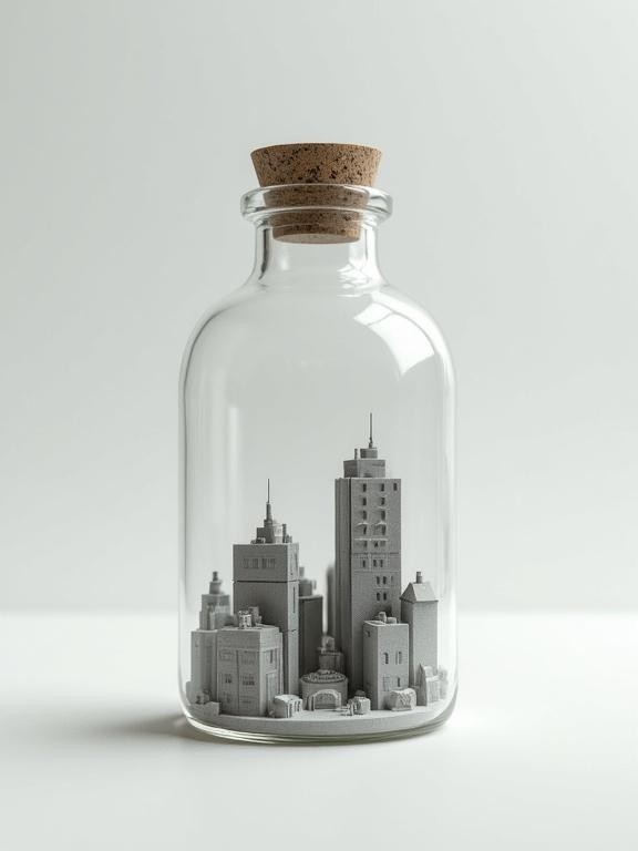 A miniature cityscape inside a glass bottle with muted gray buildings. Minimalist style with soft diffused lighting. Glass bottle on a white surface. Ultra-detailed and photorealistic.