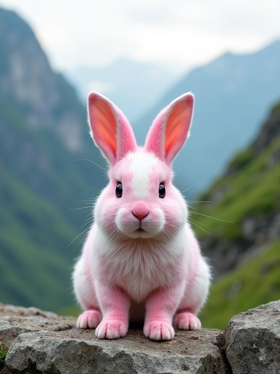A large pink and white rabbit stands on a rocky cliff in a mountain landscape. Rabbit faces the camera with an alert expression. Front paws are slightly forward. Soft fluffy fur is a mix of vibrant pink and pristine white. Large expressive eyes and perked-up ears add charm. Background displays stunning mountains and lush greenery. Lighting enhances the rabbit's colors.