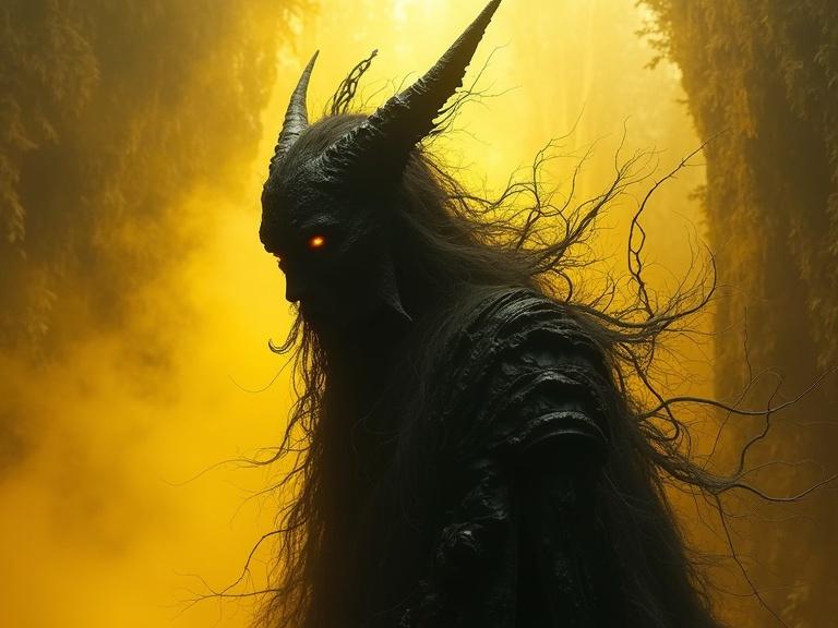 Dark fantasy figure dominates the scene with dynamic volumetric lighting. Features double exposure effect and intricate details. Vibrant black and yellow tones create a dark fantasy aesthetic.