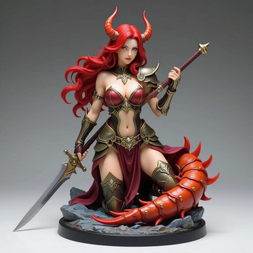 Ultra-detailed resin figure of a warrior with red hair wearing armor and holding a sword. Figure inspired by the Cancer sign with a scorpion tail. Dramatic pose and intricate details.