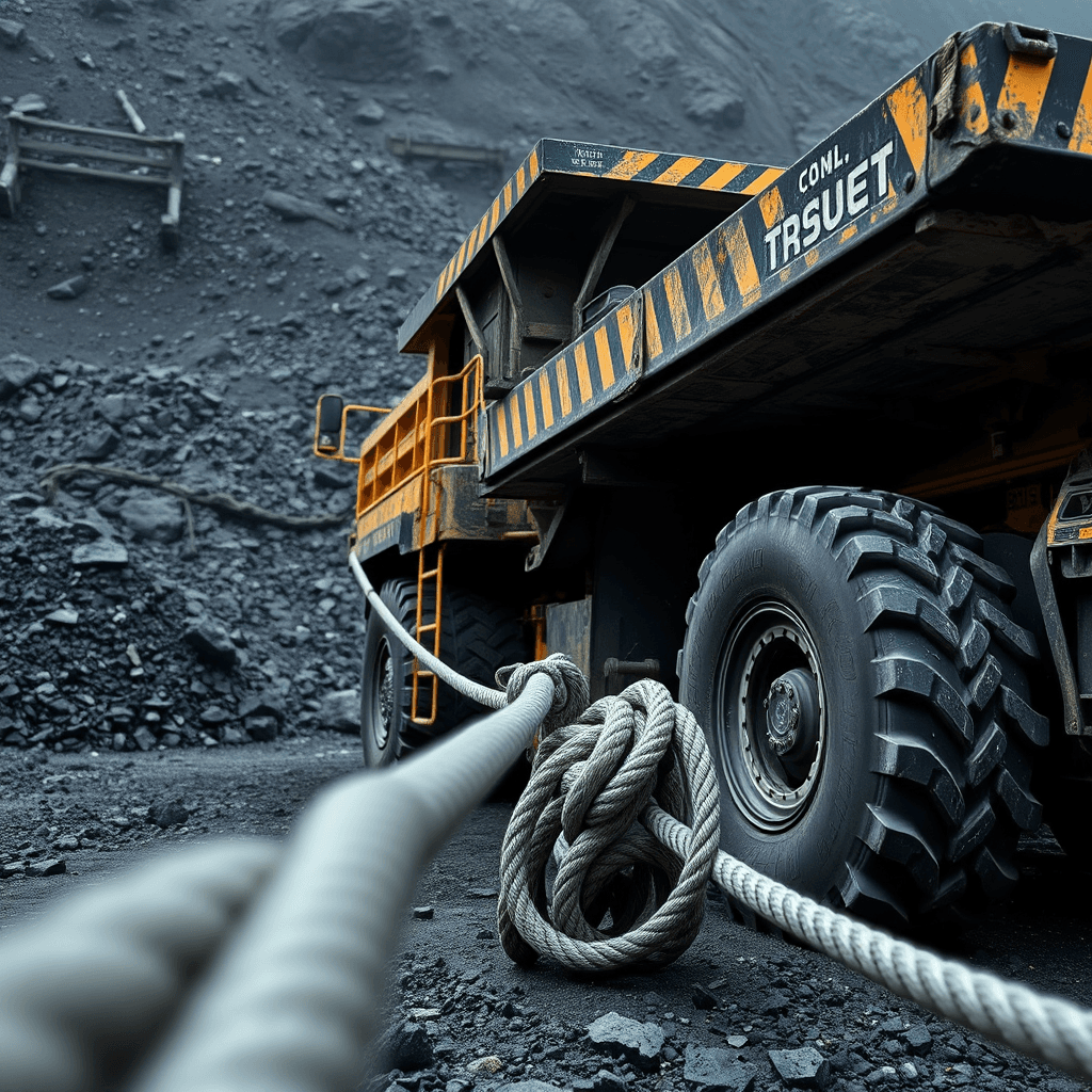 A large truck stands on rocky ground with a thick rope tied to its wheel.