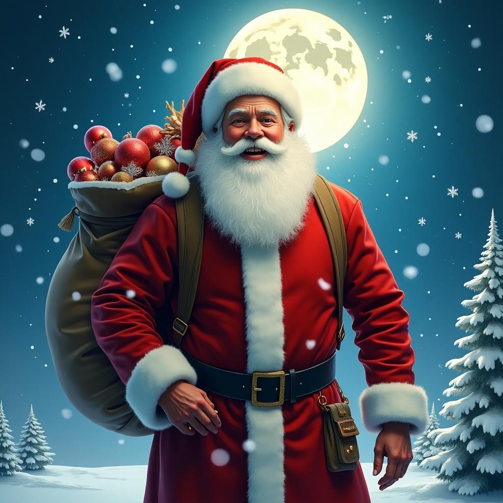 Magical depiction of Santa Claus with a sack of gifts. Snowflakes falling in a moonlit scene. Emphasis on traditional attire and festive spirit.