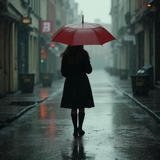 Melancholy girl in a long coat walking on a rainy street. She holds a red umbrella. The surroundings are empty with visible reflections from the rain. A serene but lonely atmosphere is present.