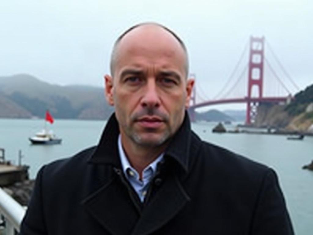 The image shows a bald man standing outdoors near a body of water on a cloudy day. He is wearing a black coat over a white collared shirt. The background features a bridge, likely the Golden Gate Bridge, visible in the distance. The atmosphere seems cool and slightly chilly, typical of a foggy day. The man appears to be posing for the photo with a serious expression. There are some boats and a flag in the water, adding to the ambiance of the scene.