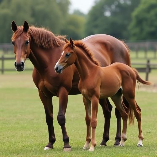 Image of a bay mare and a bay foal in a pasture. Both horses have brown coats. The mare is larger than the foal. The setting is open with grass and trees in the background.