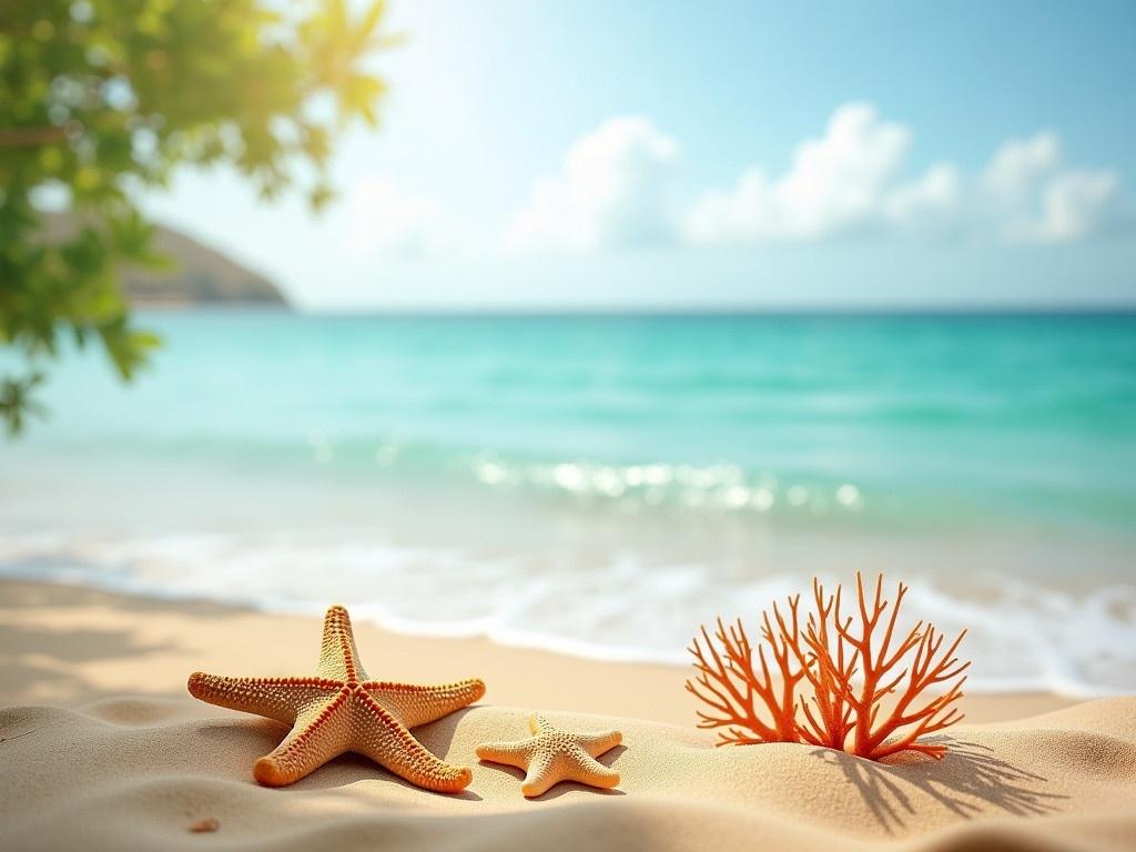 The scene depicts a beautiful beach setting during the day. In the foreground, a starfish is prominently placed on the soft, golden sand. Nearby, there is a piece of coral that adds a vibrant splash of color to the sandy landscape. The background reveals gentle waves lapping at the shoreline, combined with a serene turquoise sea. Above, the sky is a mix of soft clouds and blue, creating a peaceful and idyllic atmosphere. The overall mood of the image is calm and relaxing, perfect for a seaside getaway.