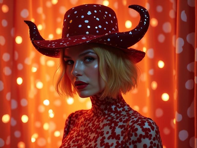 Striking illustration of a fashion figure in a polka dot outfit with a red horned hat. The scene captures warm inviting light highlighting textures. Background features a polka dot motif.