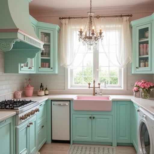 Shabby chic kitchen design featuring light aqua and pink colors. Crystal chandelier illuminates white countertops. White window draped with lace curtains. Pink roses arranged elegantly on the counter.