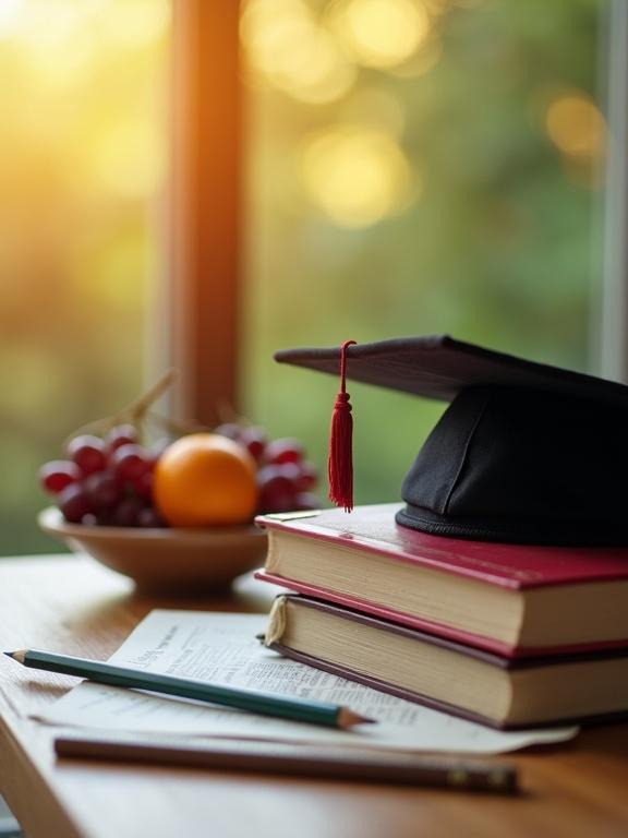 Books stacked with a graduation cap on top. A fruit bowl filled with grapes and oranges is nearby. Soft golden hour light brightens the scene. A celebration atmosphere is portrayed with close attention to details and textures.