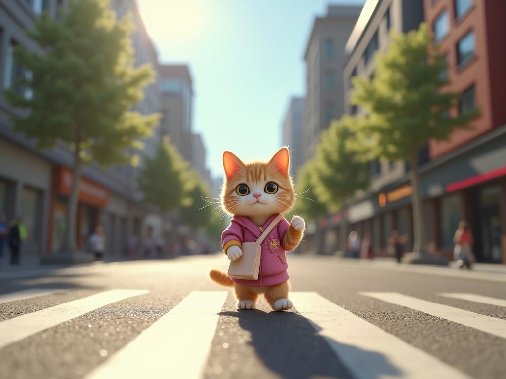 The image features a whimsical cat character standing in the middle of a city street. The cat wears a pink outfit and holds a small bag. The street is busy with people and buildings, all under bright sunlight. The atmosphere feels lively and cheerful.