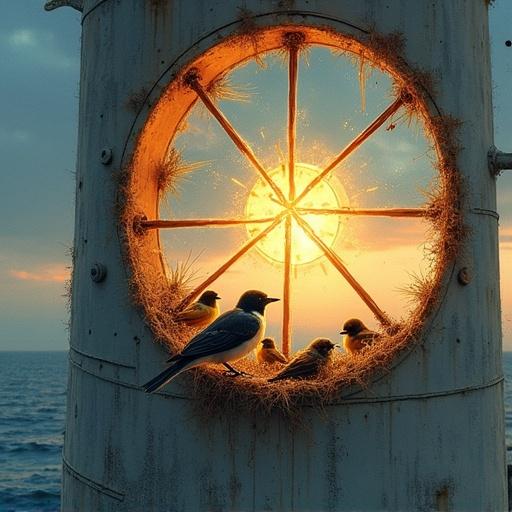 A scene at dusk beside a rotating lighthouse lamp. Small birds roost in nests along inner walls. Light beams sweep through birds. Scratches on the glass. Feathers stuck in gears. Watercolor style with whimsical yet grounded elements. Rich warm tones against cool ocean backdrop.