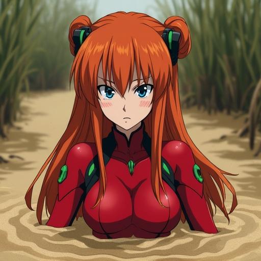 Upper body illustration of Asuka Langley Soryu from Evangelion in a swampy environment. Character has long reddish-orange hair and blue eyes. Expression is annoyed with gritted teeth. Wearing a red plug suit, partially submerged in quicksand. Arms raised slightly, sand stains visible. Soft cinematic lighting sets a dramatic mood.