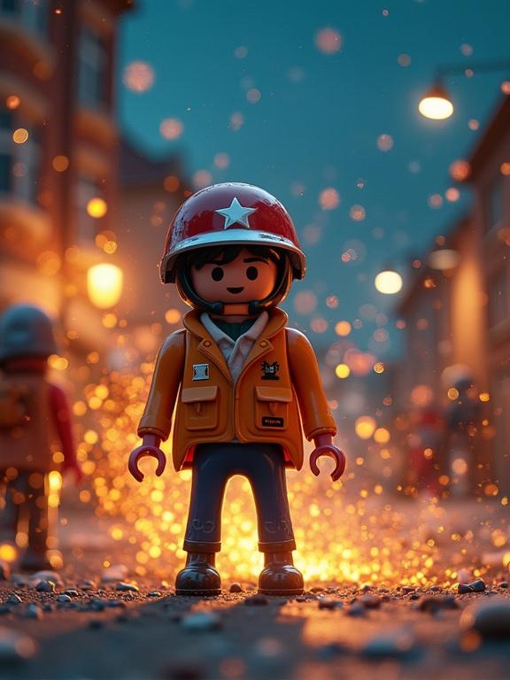 Cinematic 3D action-packed advertisement of Playmobil. Dynamic mid-motion scene conveys core energy. Dramatic lighting and particles create a stunning effect. Surreal studio photography showcases product personality. Include brand logo from product elements with a fitting slogan. Hyperrealistic and bold visual for viral engagement. 1:1 aspect ratio.