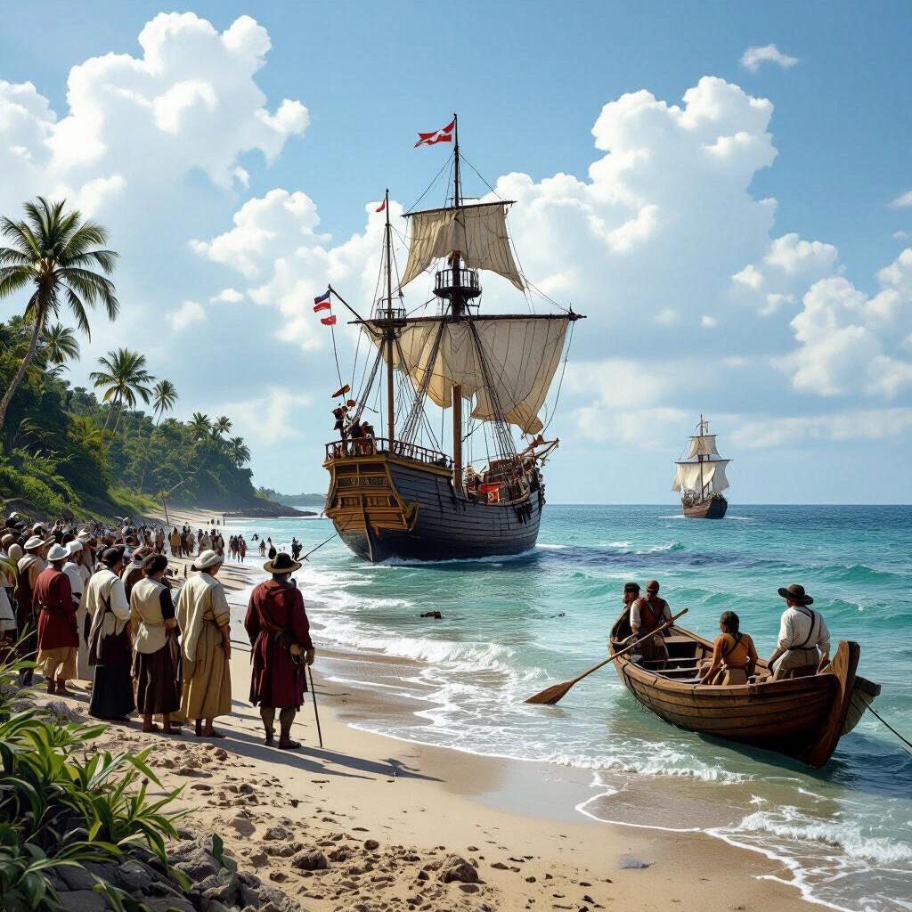 Portray the landing of Christopher Columbus on the shores of America. Show ships approaching a tropical beach with a crowd of people on the sand. Depict vegetation and ocean waves.