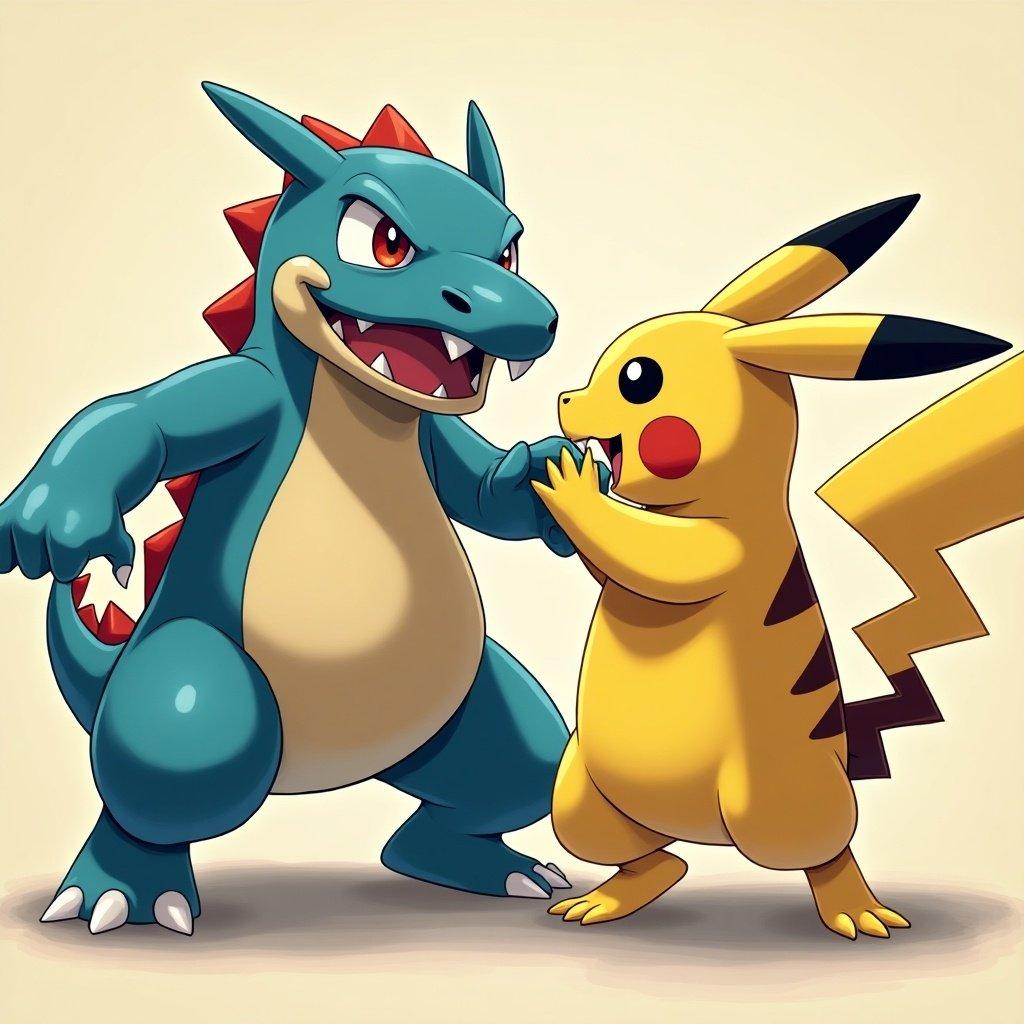 Feraligatr facing Pikachu in a dynamic pose with a playful expression. Feraligatr has sharp teeth and spikes, looking ready for action. Pikachu appears surprised yet playful, creating a lively scene.