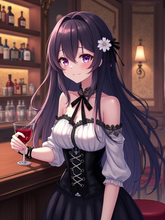 Character stands at a bar counter. Long dark violet hair flows with a white flower accessory. Dark violet eyes reflect confidence. She wears a white off-shoulder blouse with lace patterns. A black ribbon bow is around her neck. She has a glossy black corset. A black bracelet adorns her wrist. In her right hand, she holds a drink. The bar has a polished wooden counter and illuminated liquor bottles. Warm lighting creates a cozy atmosphere. Plush stools and intricate wallpaper enhance elegance.