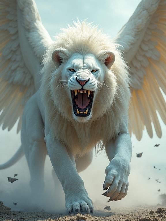 Full body image of an albino lion with human body and angel wings. Strong muscular physique. Shouting angrily. Depicts the decay of a mythical kingdom. Concept art style. Highly detailed with vibrant colors.