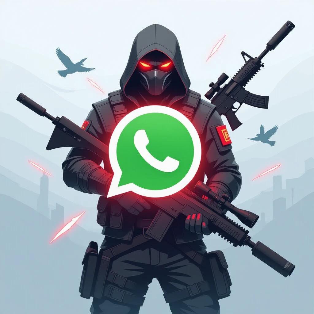 Create a neon red WhatsApp logo with a Valorant themed background featuring weapons and powers from Valorant. The character shown should be armed and ready for action with a dark hooded figure standing menacingly. Include stylized elements from the game. Use vibrant colors to highlight the logo in the center.